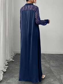 Al Najma 女士优雅V领长袖撞色蕾丝喇叭连衣裙，春夏款 - 藏蓝色 - 查看 2