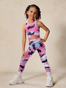 SHEIN 2 件套女童扎染印花吊带背心和紧身裤瑜伽服套装，返校季 - 彩色 - 查看 4