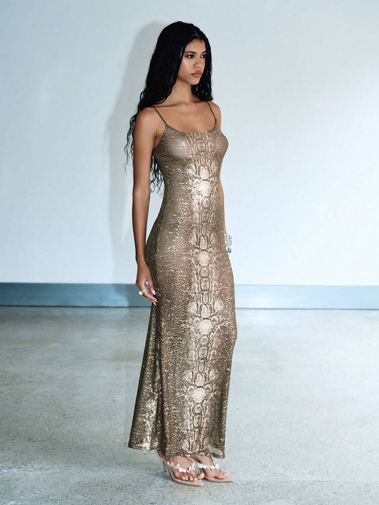 KIZN Snake Print Sleeveless Maxi Dress With Thin Straps For Summer Evening Party Occasions
