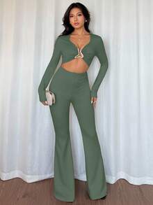 Chiquease Bộ đồ liền thân co giãn cao màu đen gợi cảm dành cho nữ có khóa trang trí kim loại phía trước và giữa, phong cách Âu Mỹ thường ngày - Màu xanh Bạc hà - Xem 4