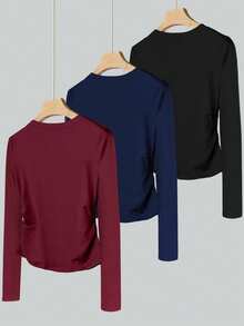 Women's Knight Print Round Neck Long Sleeve Pleated Casual T-Shirt - Burgundy - View 2