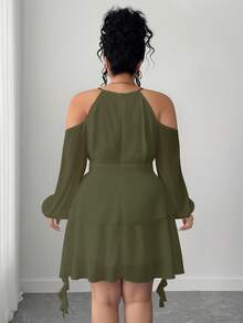 Elenzga Vestido de mujer talla grande con hombros descubiertos, manga acampanada y unicolor - Verde militar - Ver 2