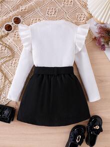 SHEIN Elladie kids 2pcs/Set Tween Girls' Solid Color Round Neck Long Sleeve Ruffle Hem T-Shirt And Mini Skirt Casual Outfit - White - View 2