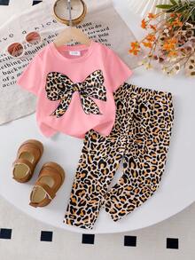 Elladie kids Conjunto de camiseta y pantalones casuales para niñas bebé, con parte superior de manga corta con cuello redondo y estampado de lazos en blanco, y pantalones casuales con estampado de leopardo, para primavera/verano