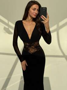 Aloruh Black Sexy Deep V Lace Mesh Splice Ruched Dress For Women,Party Dresses For Women,Dresses For Women Elegant,New Year Dress ,Elegant Party Dresses - Black - View 3