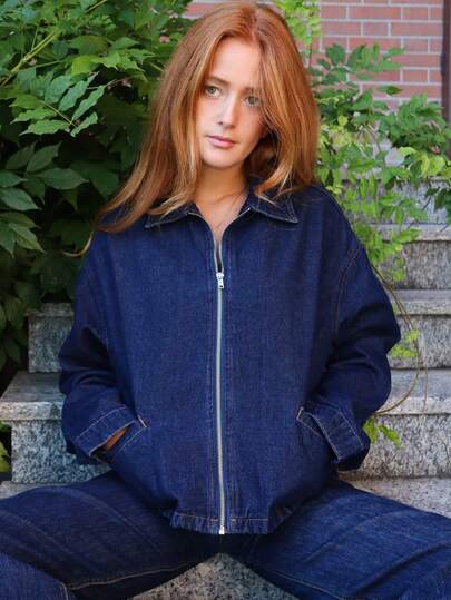 SILVIA DI SANTO Boxy Fit Collared Zip Up Long Sleeve Denim Jacket Spring Summer Streetwear The Book Shop Concert Festival Streetwear Back To School Work Office Fall Autumn Winter Casual Office Work