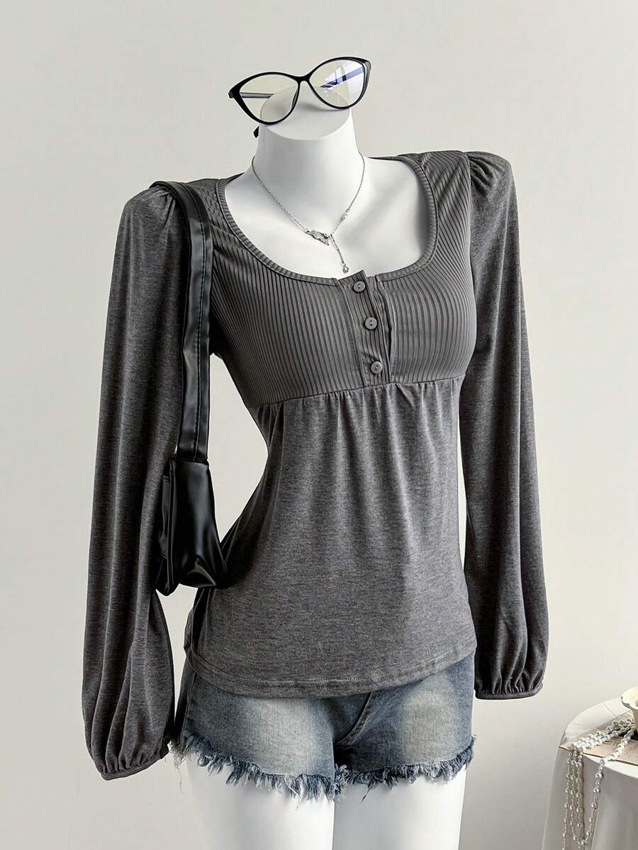 Comfortcana Áo thun tay dài cài nút họa tiết Y2k thường ngày dành cho nữ, đa năng cho mùa thu, Lễ Tạ ơn dành cho nữ - Xám - Xem 1