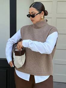 Dazy Plus Plus Size Women Solid Color Casual High Neck Sleeveless Sweater Vest, Versatile For Autumn/Winter - Khaki - View 1