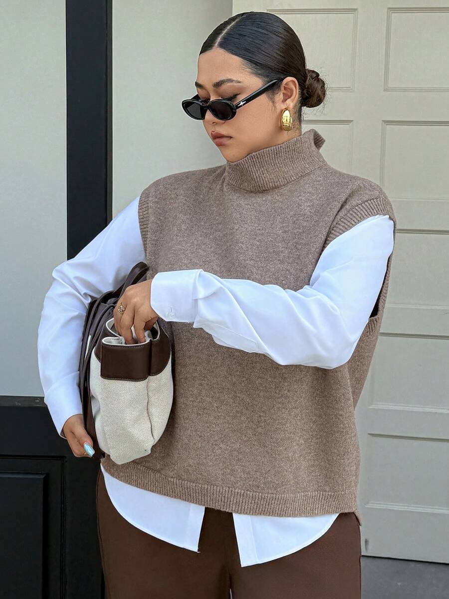Dazy Plus Plus Size Women Solid Color Casual High Neck Sleeveless Sweater Vest, Versatile For Autumn/Winter - Khaki - View 1