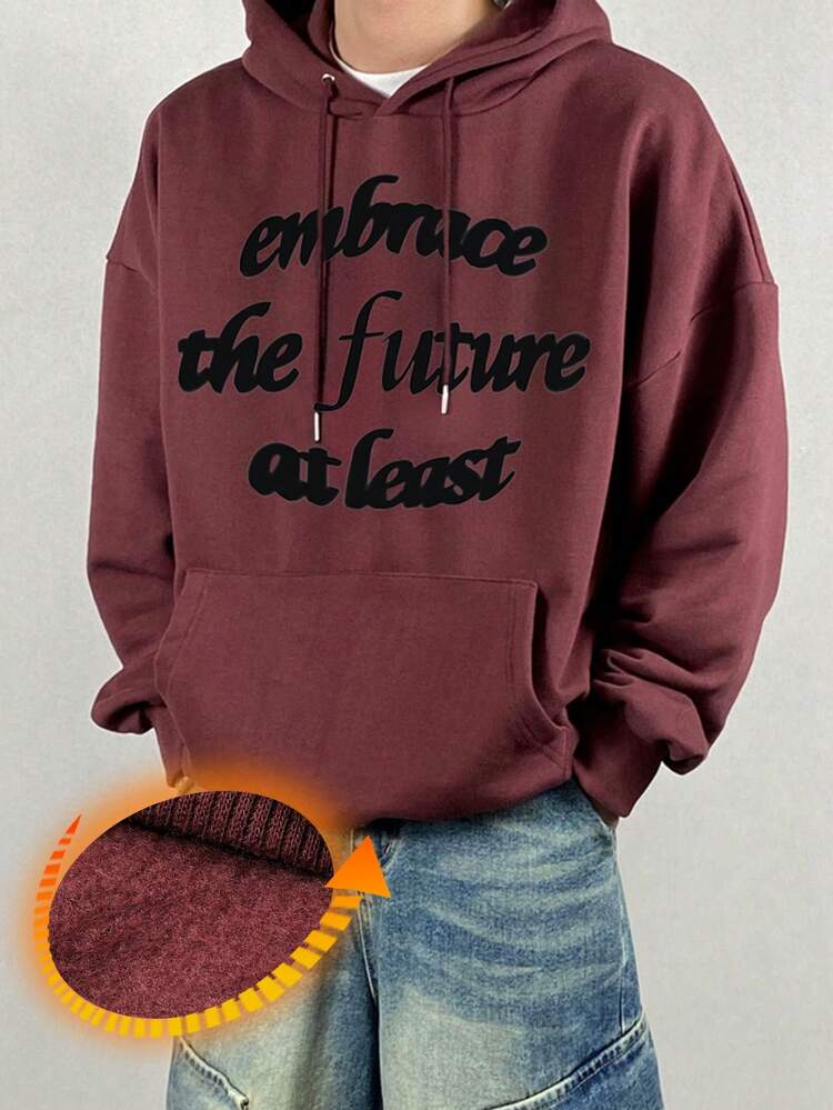 Men's Hoodie With Letter Print Design, Burgundy & Berry Color, Thermal Lined, Autumn/Winter