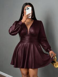 SHEIN CURVE+ Curve Plus Size/Autumn Clothes /Fall Women Clothes/Winter Clothes For Women/Winter ClothesPlus Size Deep V-Neck PU Leather Dress, Casual Punk Style, Suitable For Halloween, Dark, Black Dress Plus Size Dress Plus Size Faux Leather Dress Plus Size V Neck Dress Plus Size Club Dress Curvy Dress/Autumn /Winter - Burgundy - View 8