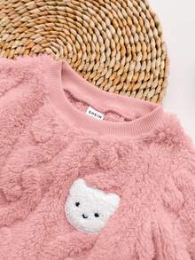 女婴可爱毛绒卡通图案保暖连帽衫套装，秋冬季