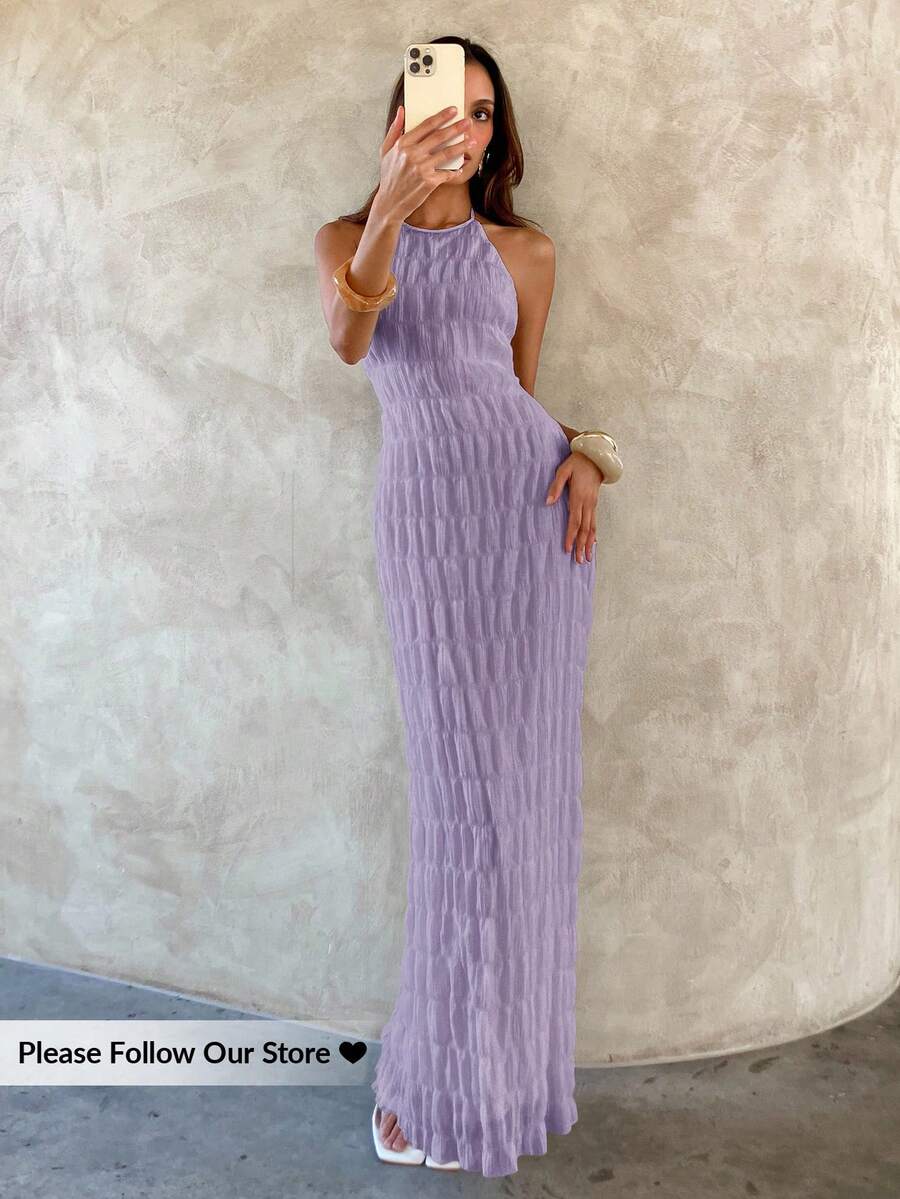 Aloruh Váy Maxi Ôm Dáng Xếp Ly Màu Trơn Dành Cho Nữ - Màu tím - Xem 1