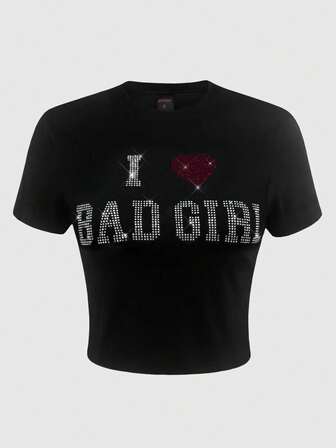 J-Fashion T-shirt court à col rond, manches courtes, avec slogan et strass pour femmes, style Kpop