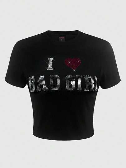 J-Fashion Camiseta corta de manga corta con cuello redondo, gráfico con eslogan y rhinestones para mujer