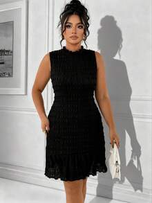 Elenzga Plus Size Textured Jacquard Fabric Solid Color Ruffle Hem Sleeveless Dress, Ribbed Knit Bodycon Skirt, Fashionable Versatile For Dates And Parties - Black - View 6
