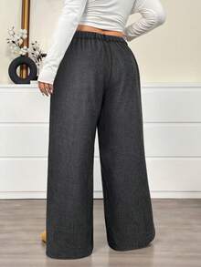 SHEIN EZwear Plus Size Black Plaid Woolen Suit Pants, Autumn/Winter - Black - View 2