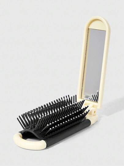 Kawaii 1pc Cherry Smile Back To School Print Folding Hair Comb With Mirror, Portable All-In-One Styling Tool