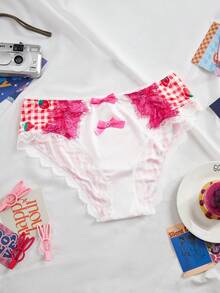 1pc Girls' Sweet Lace Patchwork Bow Strawberry Plaid Series Panty - Multicolor - View 2