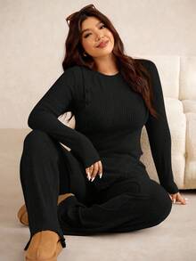 Elaquor Plus Size Women Solid Color Round Neck Long Sleeve Ribbed T-Shirt And Pants Casual 2 Pieces Set/ Spring - Black - View 2