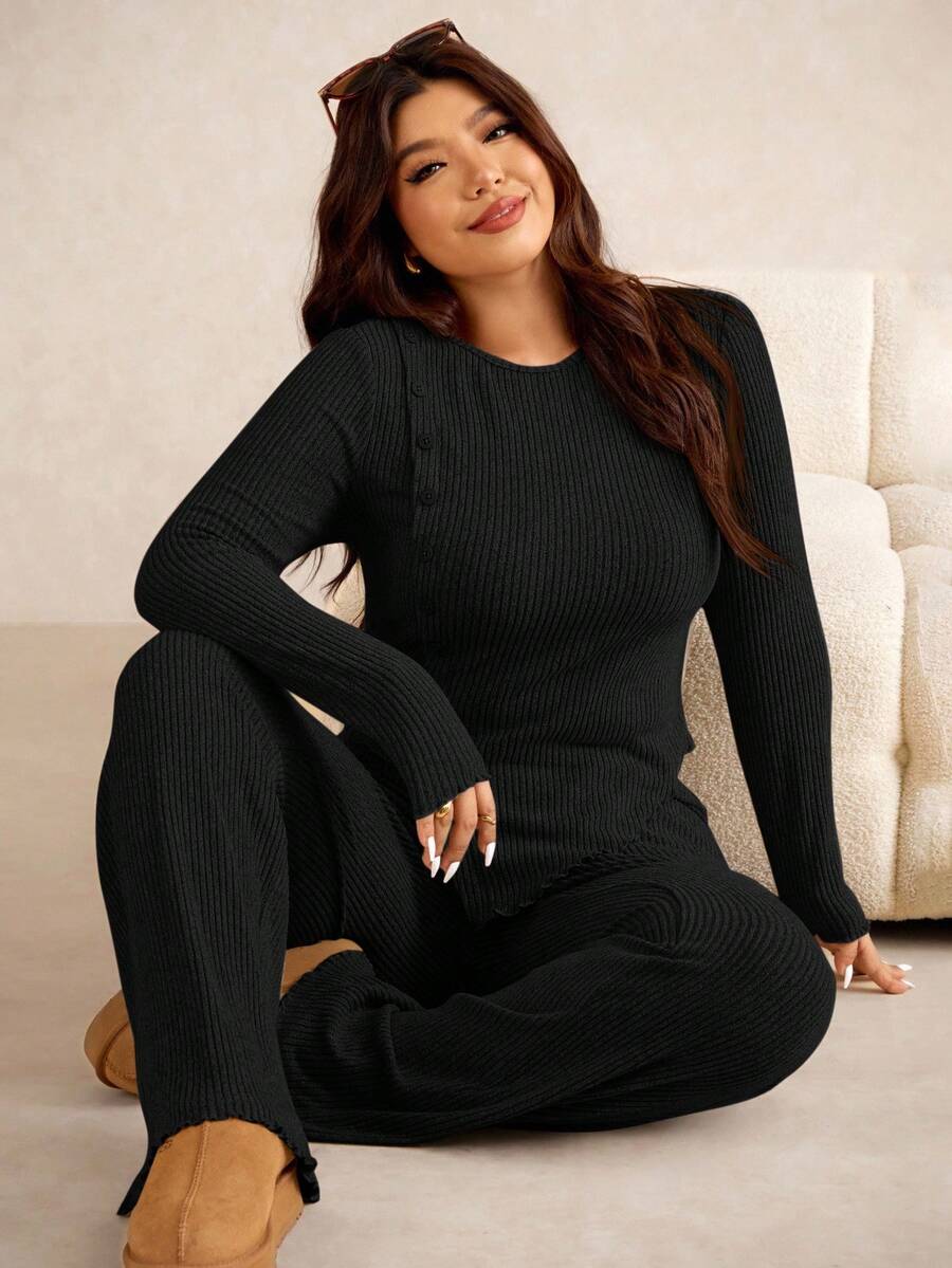 Elaquor Plus Size Women Solid Color Round Neck Long Sleeve Ribbed T-Shirt And Pants Casual 2 Pieces Set/ Spring