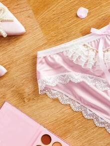 SHEIN 1pc Lace Bib & Matching Pink Panty Set For Teens - Pink - View 6