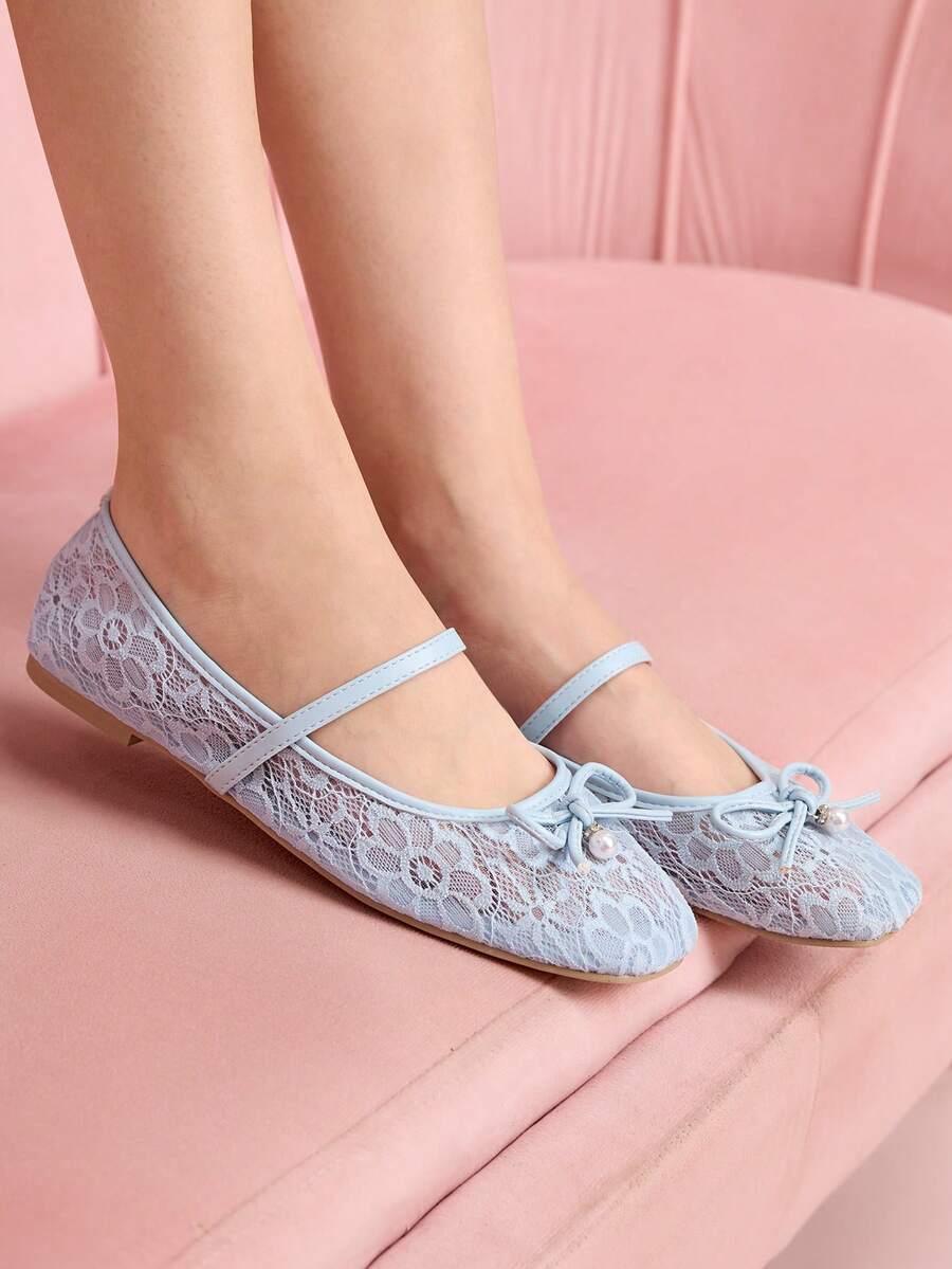 CUCCOO DOLLMOD Women's Blue Mesh Color-Blocking PU Pearl Bow Decor Cute Mary Jane Flat Sandals, Suitable For Vacation - Blue - View 1