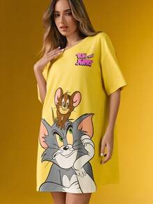 TOM & JERRY X SHEIN Women's Casual Cute Cartoon Pattern Round Neck Short Sleeve Nightgown, Summer, Moo Moo Night Dress
