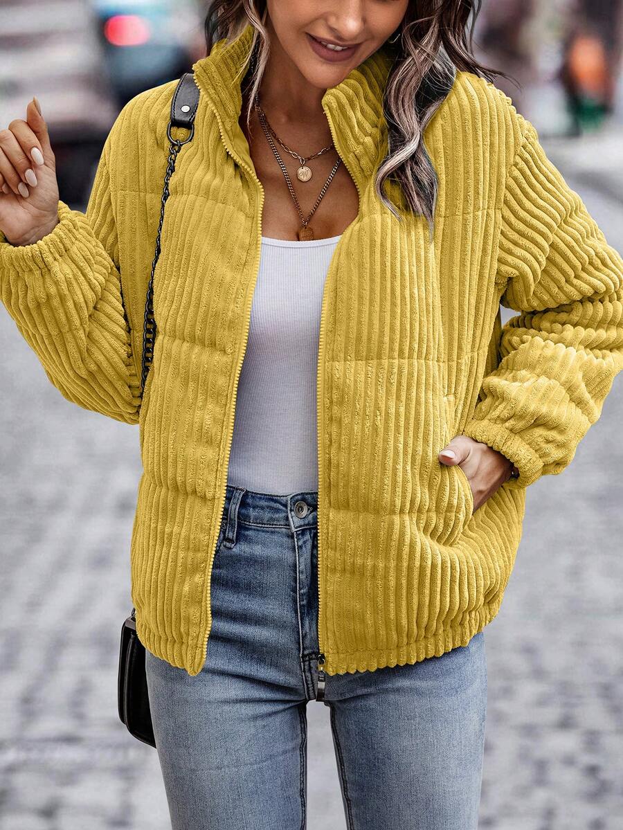SHEIN LUNE 女式纯色前拉链长袖休闲加厚棉服冬季 - 黃色 - 查看 1