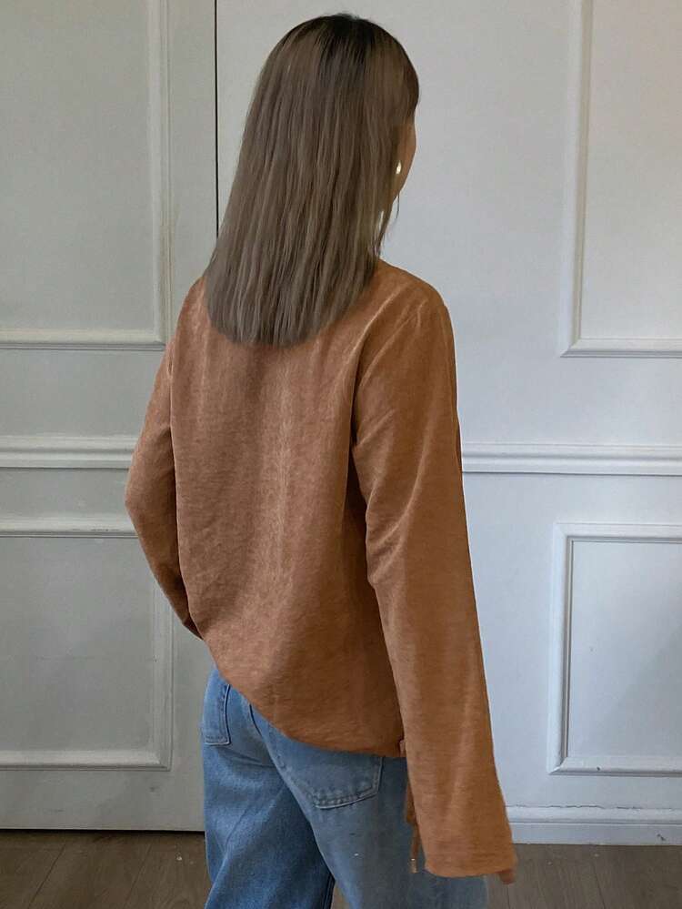 Rhinestone Trim Drawstring Hem Loose Long Sleeve Casual Outdoor Shirt For Women, Autumn/Winter