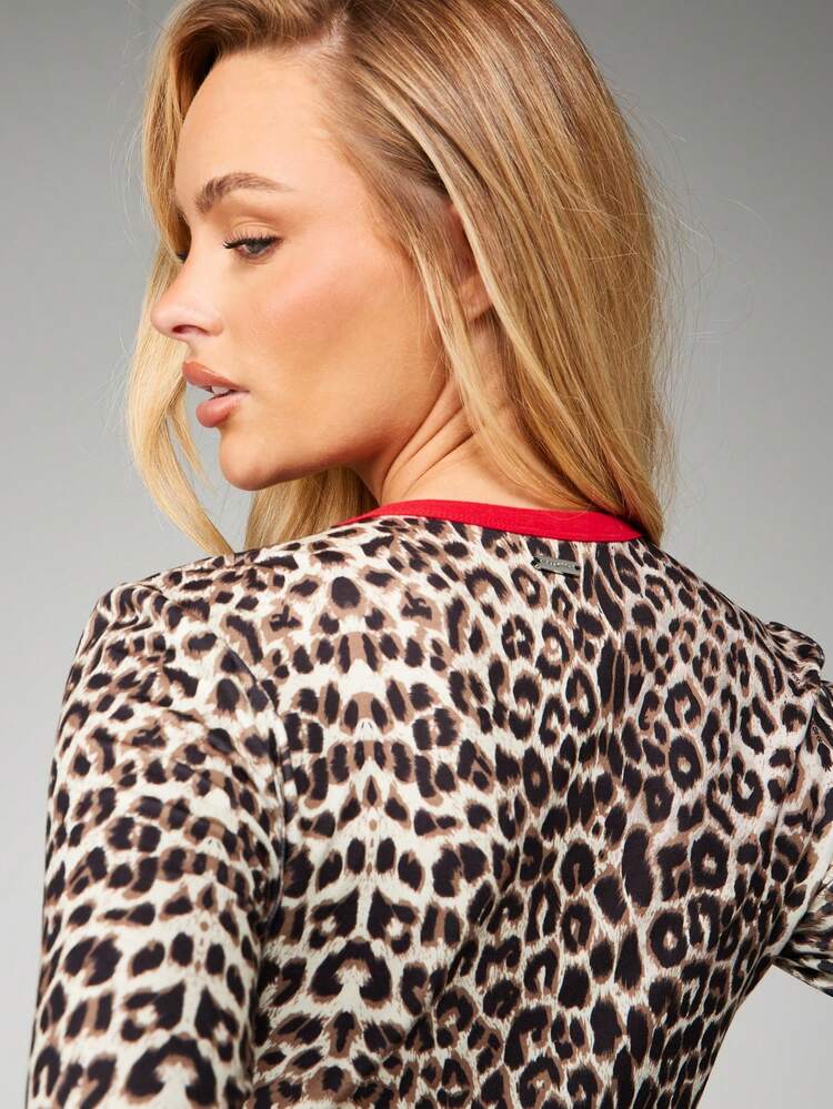 Missguided x Playboy Long Sleeve Leopard Print Top With Red Logo And Contrast Trim Details