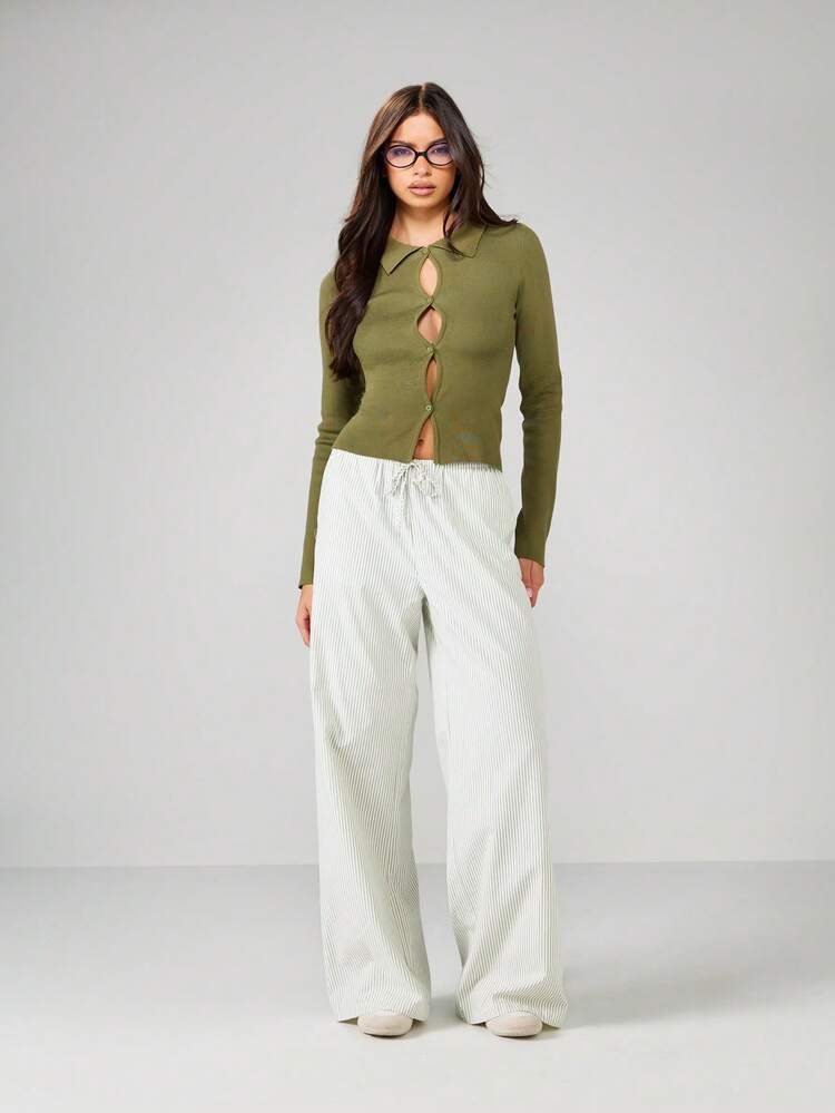 MISSGUIDED Collared Keyhole Cardigan Long Sleeve Ribbed Knit Button Front Fall Winter Casual Top Christmas