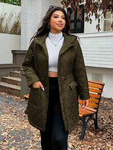 SHEIN EZwear Áo khoác parka dáng rộng, dài tay, có mũ trùm đầu, chất liệu tổng hợp, ấm áp, điều chỉnh eo, màu xanh quân đội, cỡ lớn. - xanh quân đội - Xem 2