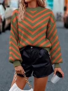 SHEIN LUNE Women's Striped Pattern Crew Neck Casual Versatile Long Sleeve Pullover Sweater - Dark Green - View 4