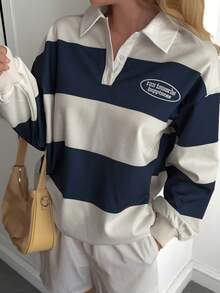 Livesso 女士休闲条纹印花套头卫衣，秋冬季 Y2K 款式 - 藍白色 - 查看 1