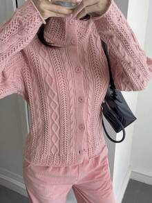 Livesso Áo khoác cardigan cổ lọ tay raglan đan xoắn thường ngày cho nữ, mùa thu - Hồng - Xem 6