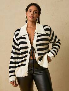 SHEIN VCAY Plus Size Striped Pattern Twist Front Casual Long Sleeve Cardigan/Winter - Black and White - View 2