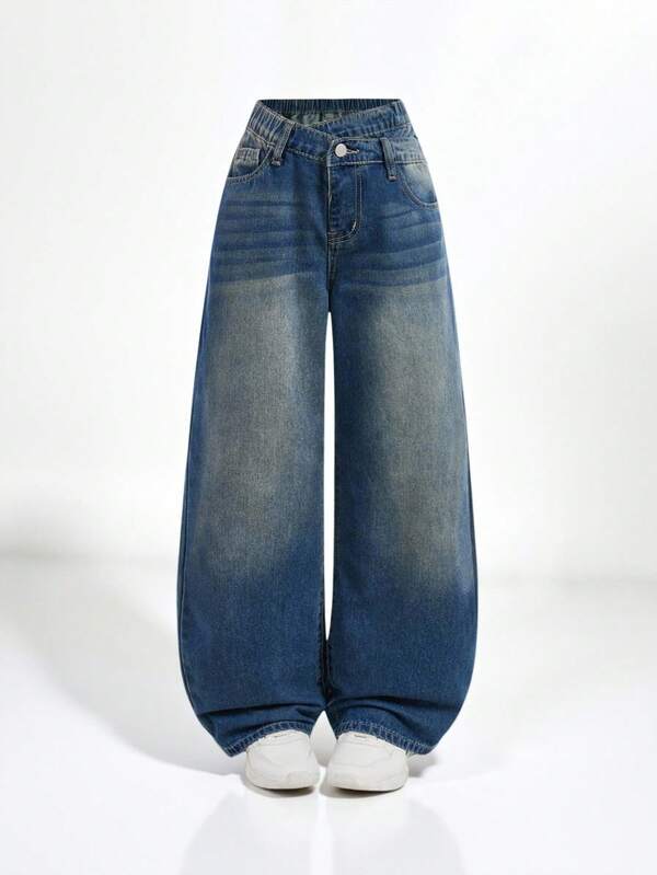 SHEIN Tween Girls' Asymmetric Waistband Straight Leg Jeans, Vintage Distressed Wash, Classic 5-Pocket Design, Versatile Neutral Wash, Sweet & Edgy Y2K Aesthetic, Suitable For Daily, Sports, Street, Party Wear Fall Winter