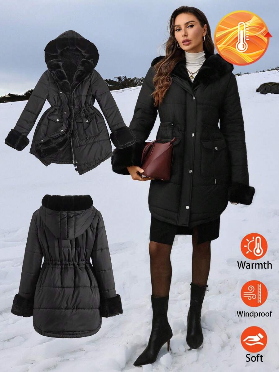 Gownix 女士冬季口袋保暖内衬休闲长袖羽绒服,女士连帽秋冬服装,黑色。 - 黑色 - 查看 1