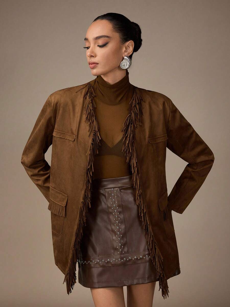Modelyn Jaqueta Casual Retrô de Camurça com Franjas Feminina - Castanho - Visão 1