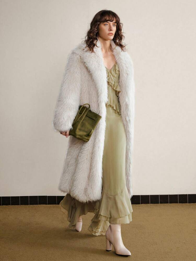 2025 Women's Loose Fit Faux Fur Jacket,Khaki White Winter Elegent Evening Office Wear,Lapel Collar Long Sleeve Pocket Old Money Style High-End Coat