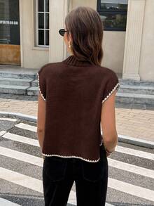 Serisse 女款撞色镶边领无袖蝴蝶结装饰毛衣背心，宽松小立领3D蝴蝶结休闲毛衣背心，休闲百搭，秋冬休闲圆领钩针贝壳装饰撞色镶边毛衣上衣 - 棕色 - 查看 2