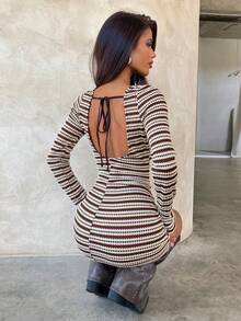 Aloruh Váy ngắn tay dài thời trang ôm sát họa tiết sọc dành cho nữ - màu nâu - Xem 7