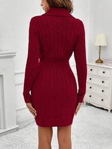 EMERY ROSE Women's Elegant Long Sleeve Button Design Fitted Knit Dress, Autumn/Winter - Red - View 2