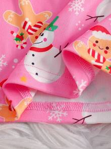 Girls Gingerbread Man & Snowman Cartoon Print Long Sleeve Snug Fit Pajama Set