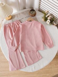 SHEIN Explorewe 2pcs/Set Young Girl' Asymmetric Hem White Polka Dot Round Neck Long Sleeve Top Paired With Matching Flare Pants, Cute & Comfortable Casual Outfit - Pink - View 2