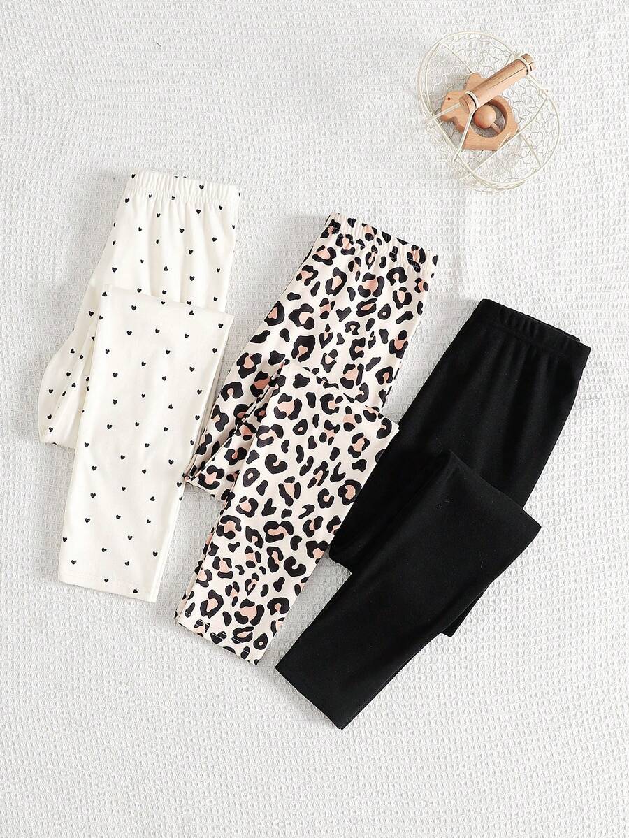 SHEIN 3pcs Tween Girls' Heart Leopard Print Soft Elastic Waist Leggings Set Kids Tights Kids Girl Pants Winter Leggings For Girls