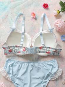 2pcs Floral Cute Satin Underwire Push-Up Balconette Bra Set, Padded, Strapless, Ruffle Trim, Mesh Insert, Comfortable, Romantic Countryside Style Women's Lingerie Set - Blue - View 7