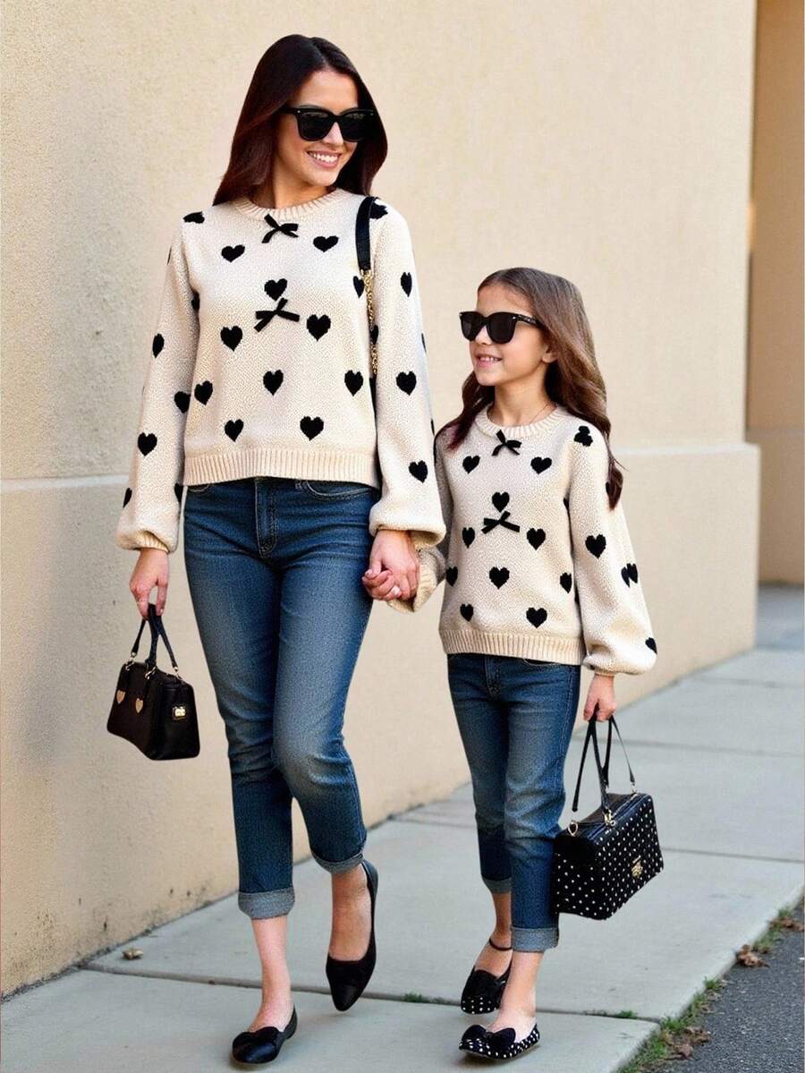 SHEIN Suéter holgado de punto con decoración de lazo y estampado de corazones para adolescentes - Caqui - Ver 1