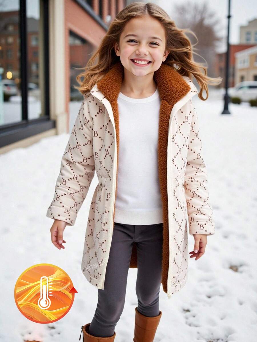 SHEIN Explorewe 1pc Girls Reversible Leopard Print Fluffy Long Sleeve Windbreaker Jacket, Suitable For Autumn/Winter - Khaki - View 1